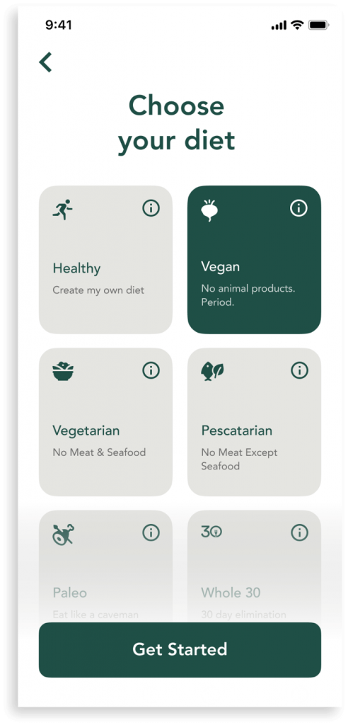 Heali mobile app choose your diet screen
