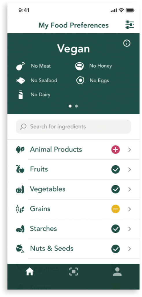 Heali mobile app user food preferences section